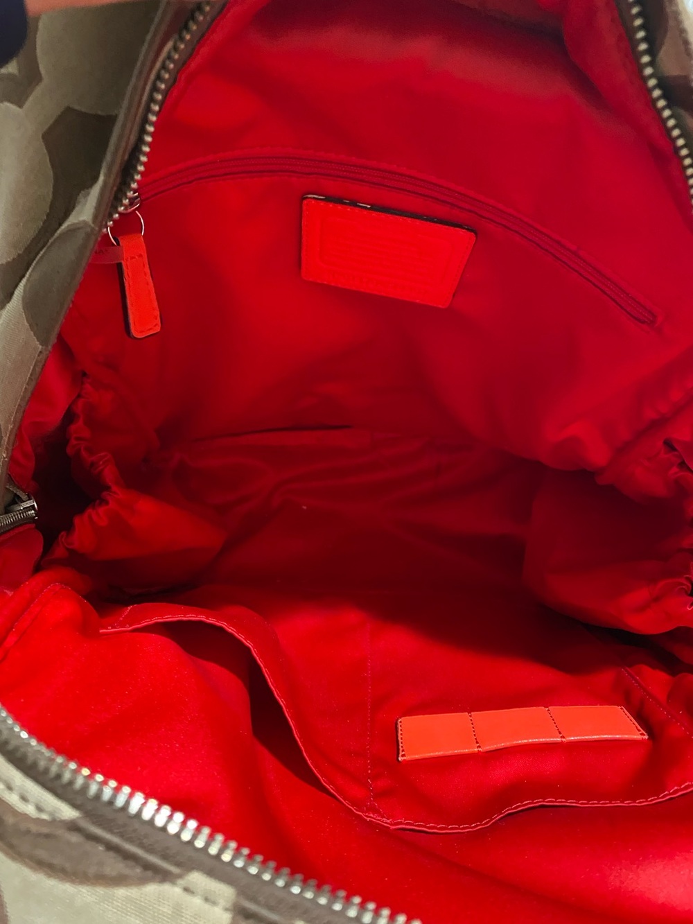 Coach Women Signature Canvas Backpack in Khaki with Orange Trim - Picture 4 of 16